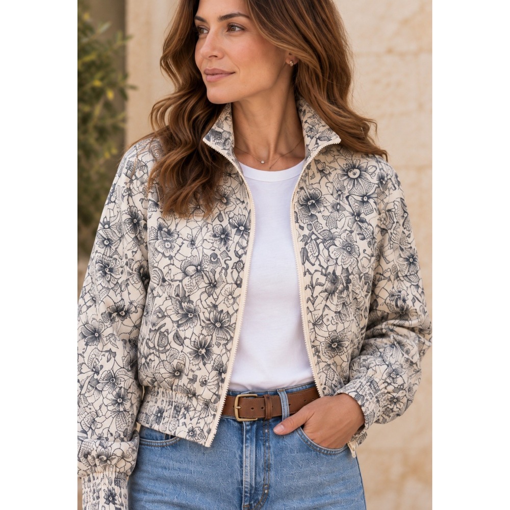 MOTHER Smocked Funnel Neck Zip Jacket Friends With The Flowers Floral 30201-1030